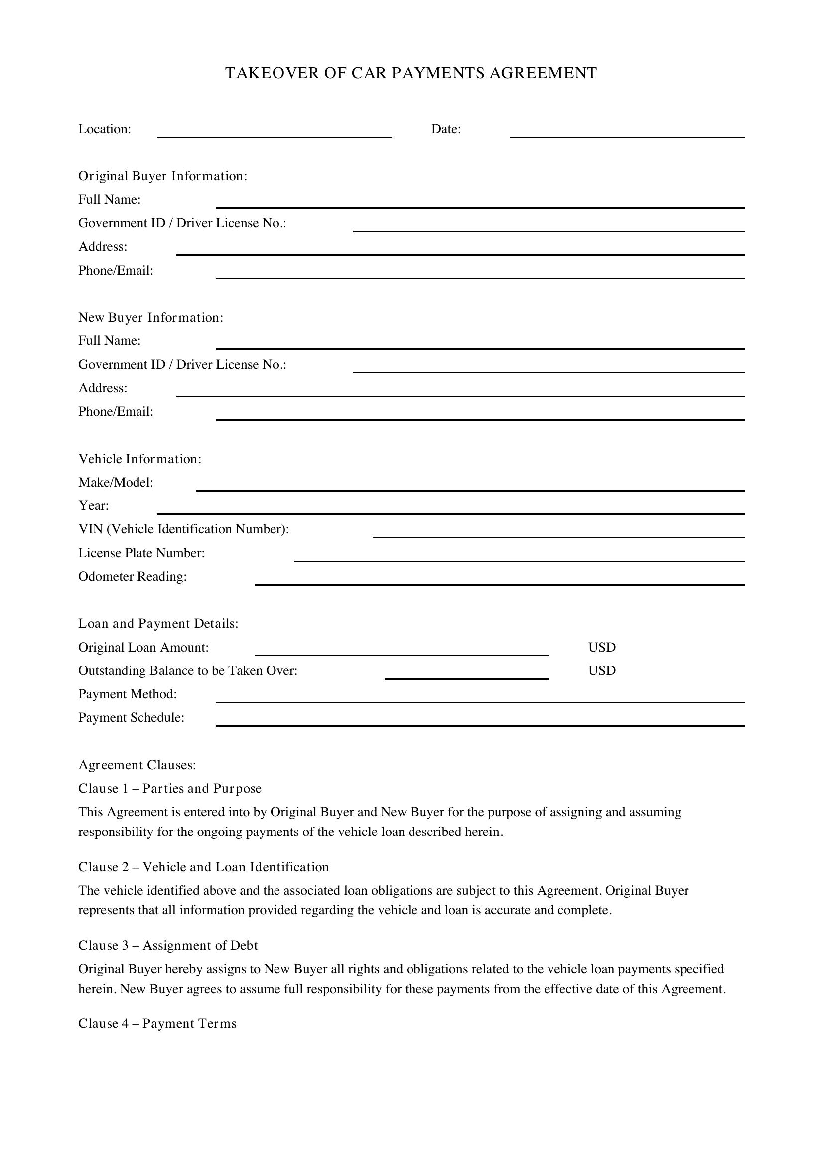 Take Over Car Payments Contract Template - US