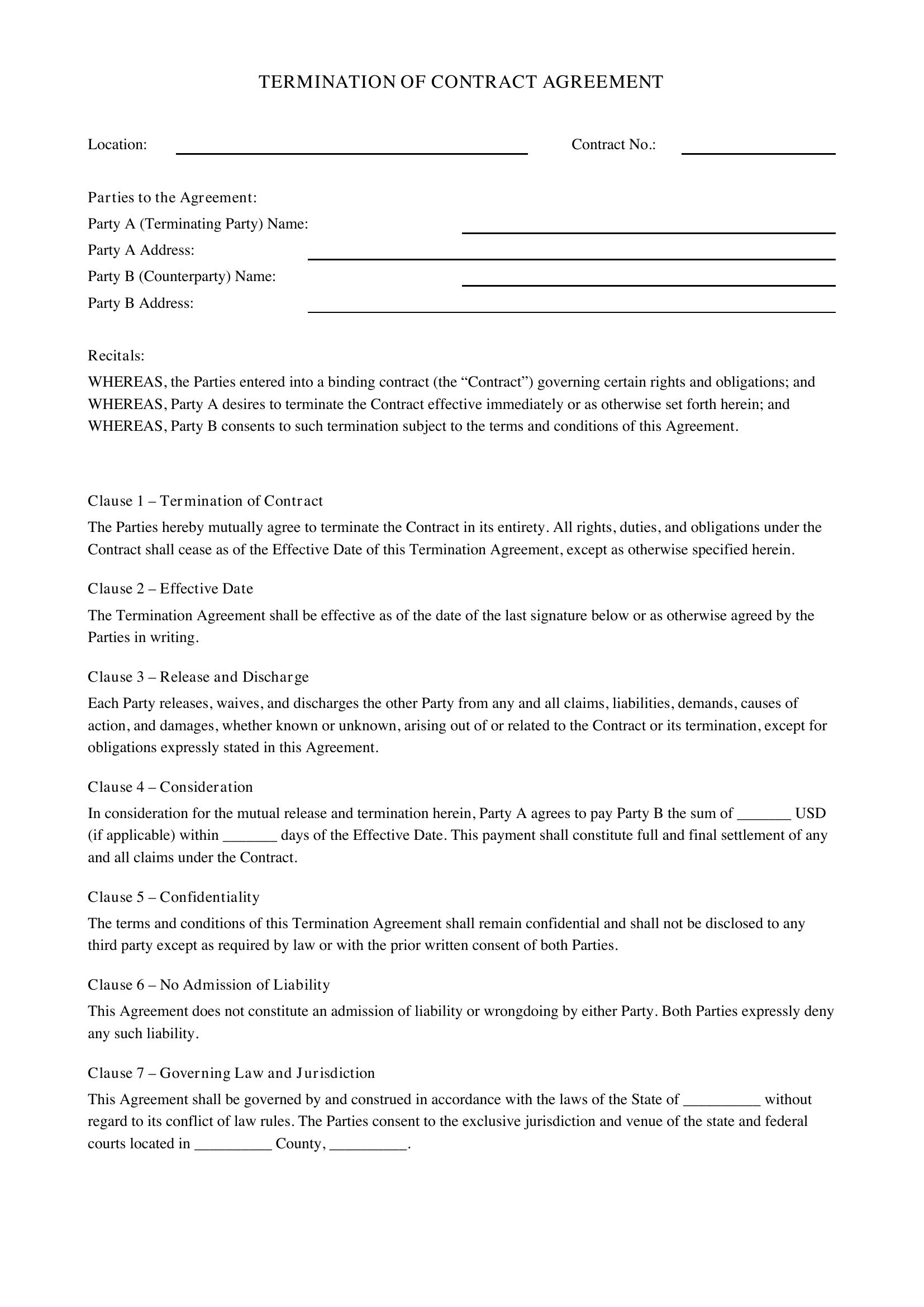 Termination Of Contract Template - US