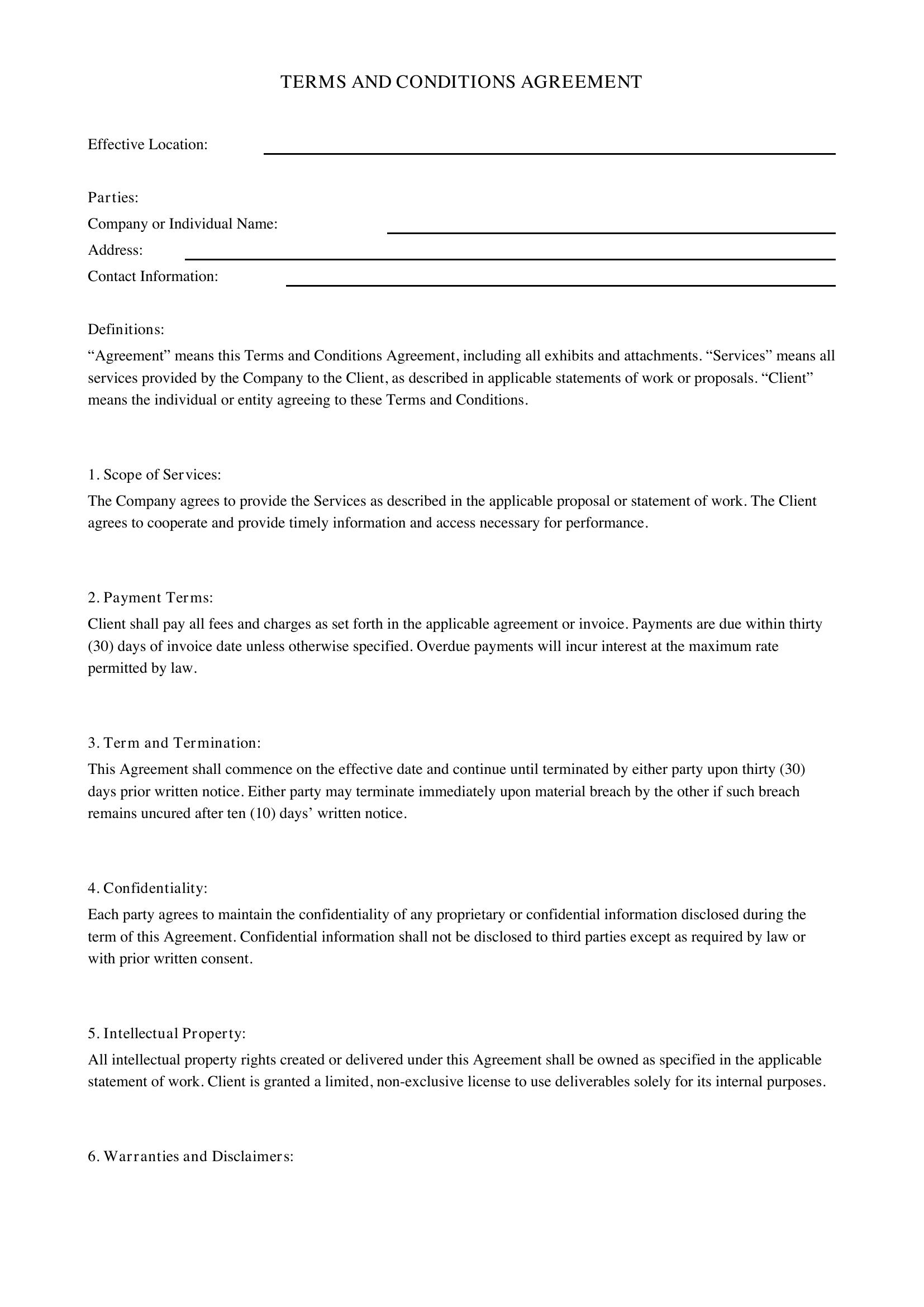 Terms And Conditions Contract Template - US