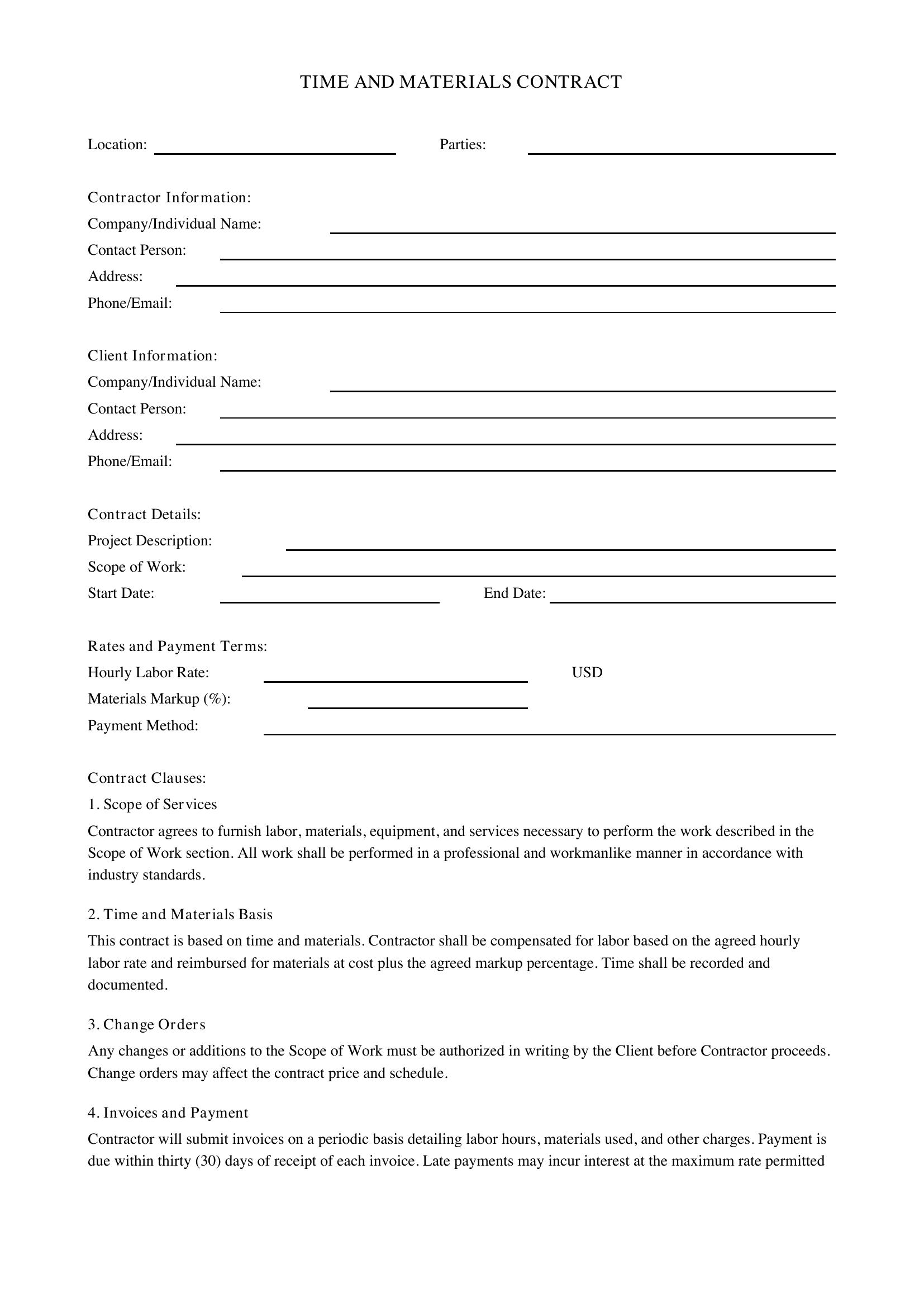 Time And Materials Contract Template - US
