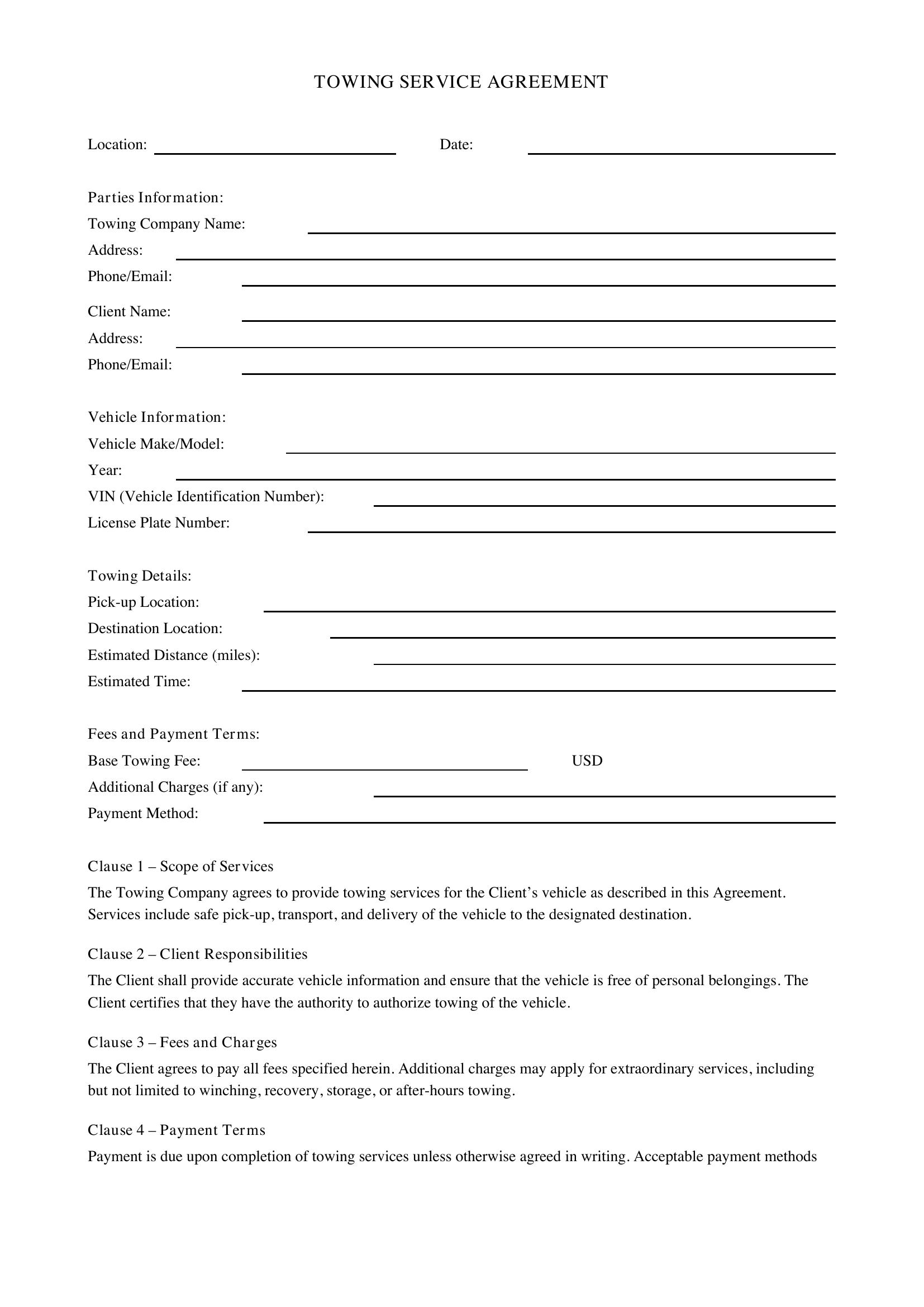 Towing Contract Template - US