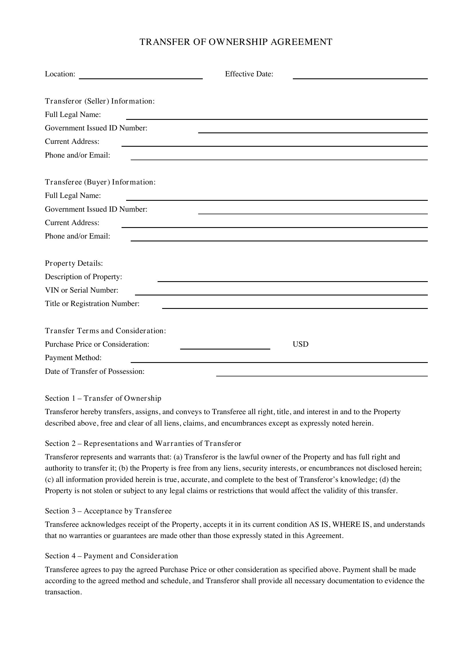 Transfer Of Ownership Contract Template - US