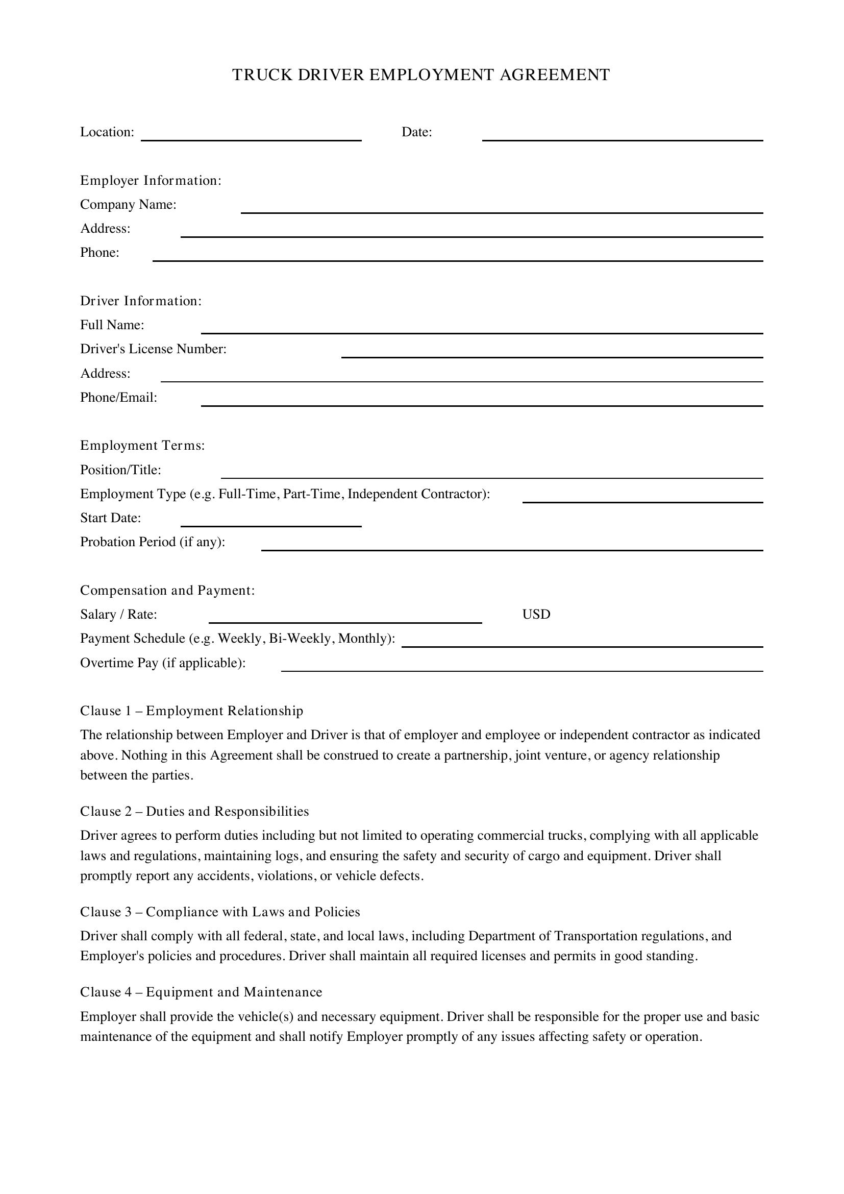 Truck Driver Contract Template - US