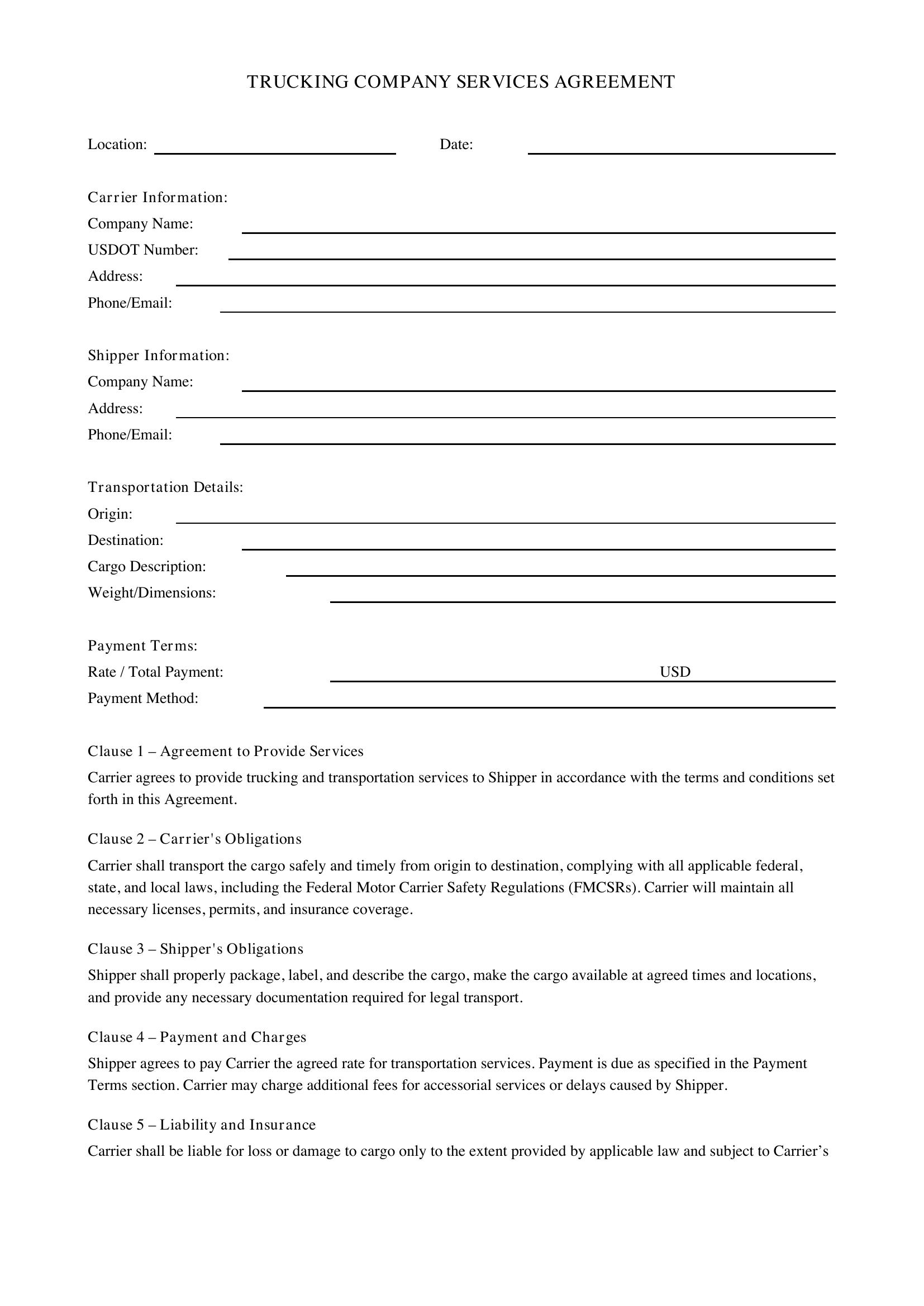 Trucking Company Contract Template - US