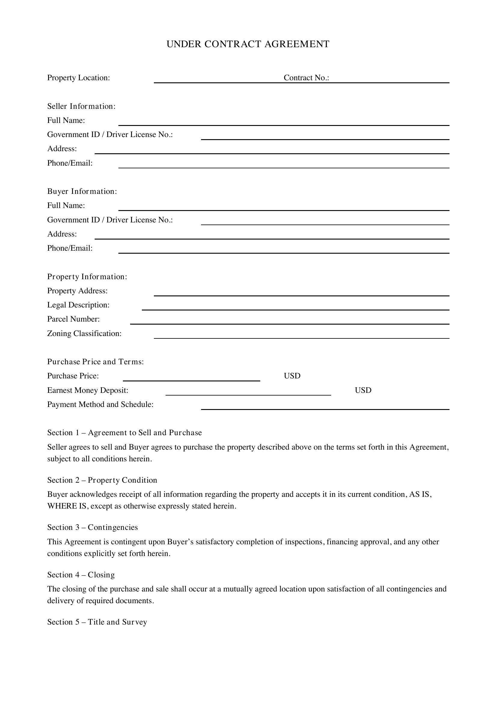 Under Contract Template - US
