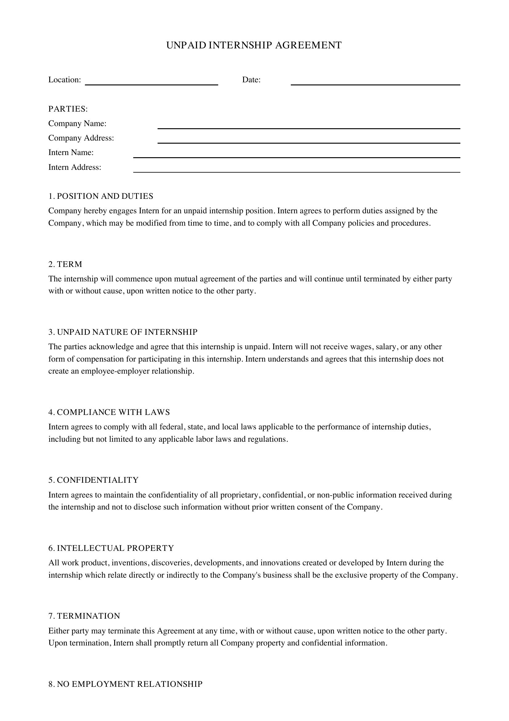 Unpaid Internship Contract Template - US