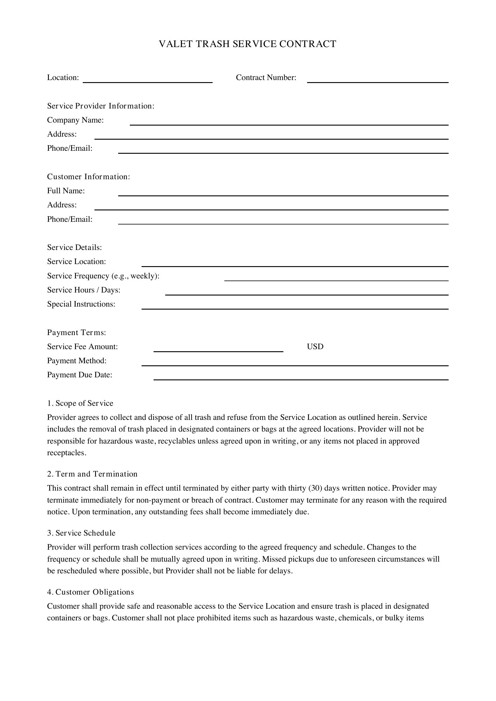 Valet Trash Service Contract Template - US