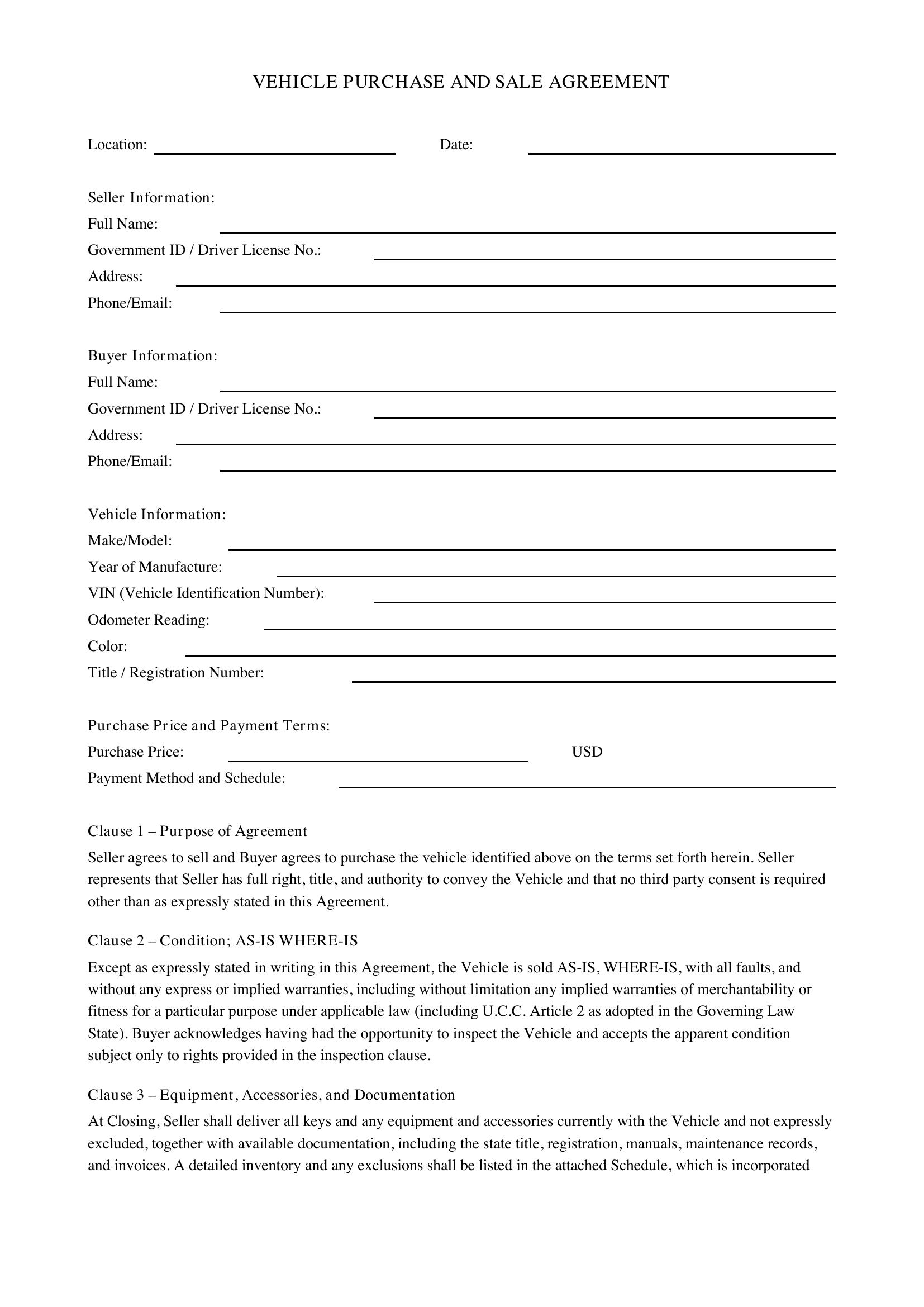Vehicle Purchase Contract Template - US