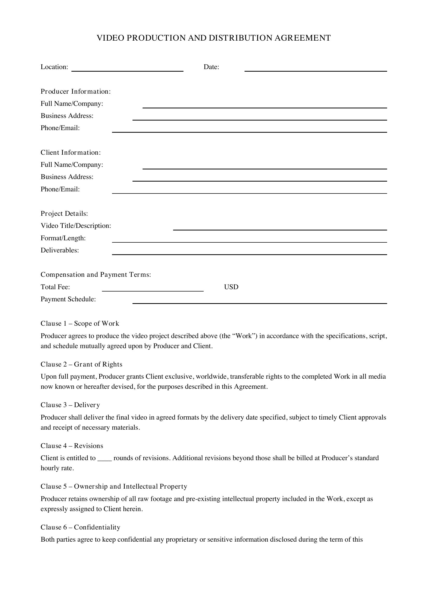 Video Contract Template - US