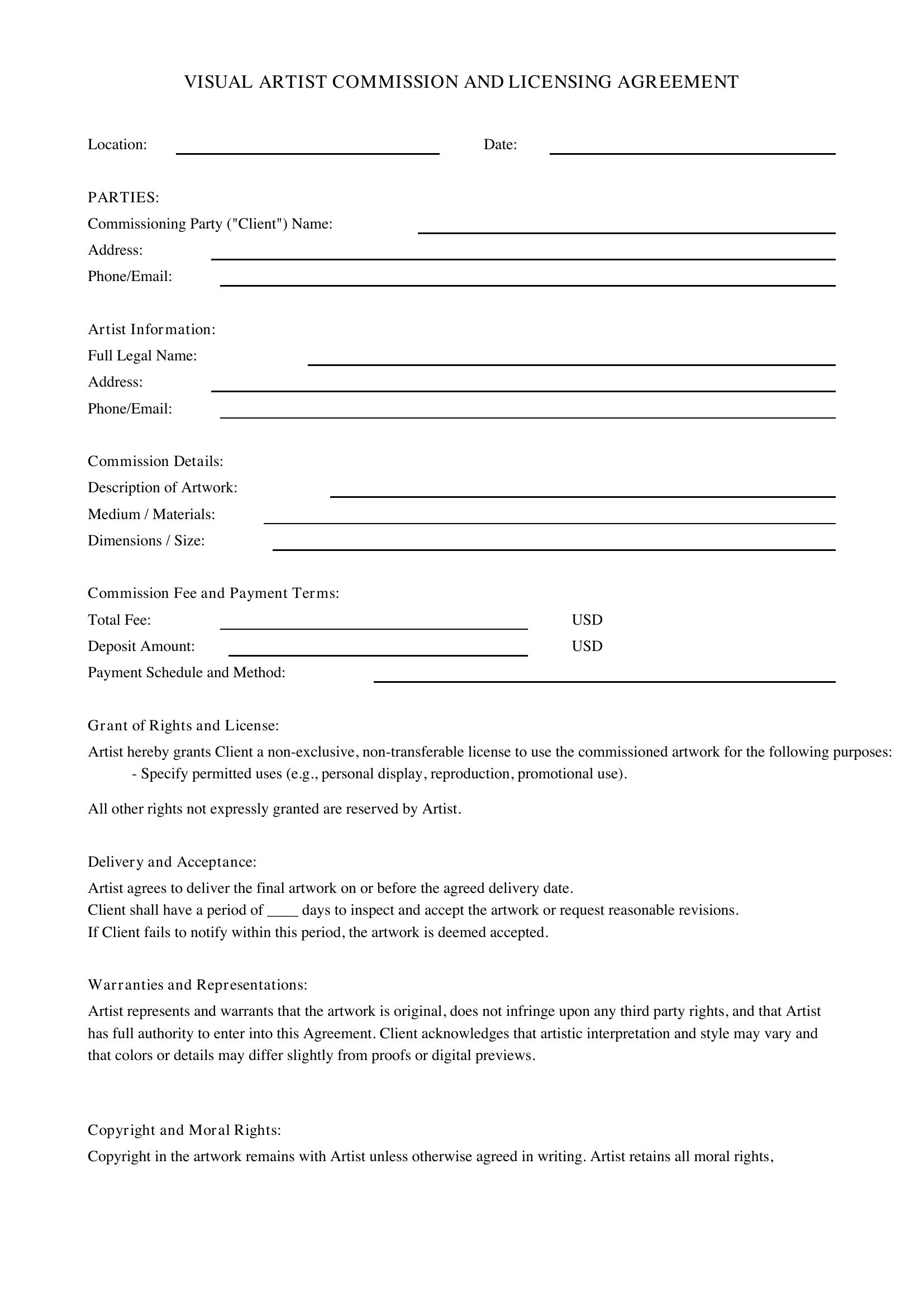 Visual Artist Contract Template - US