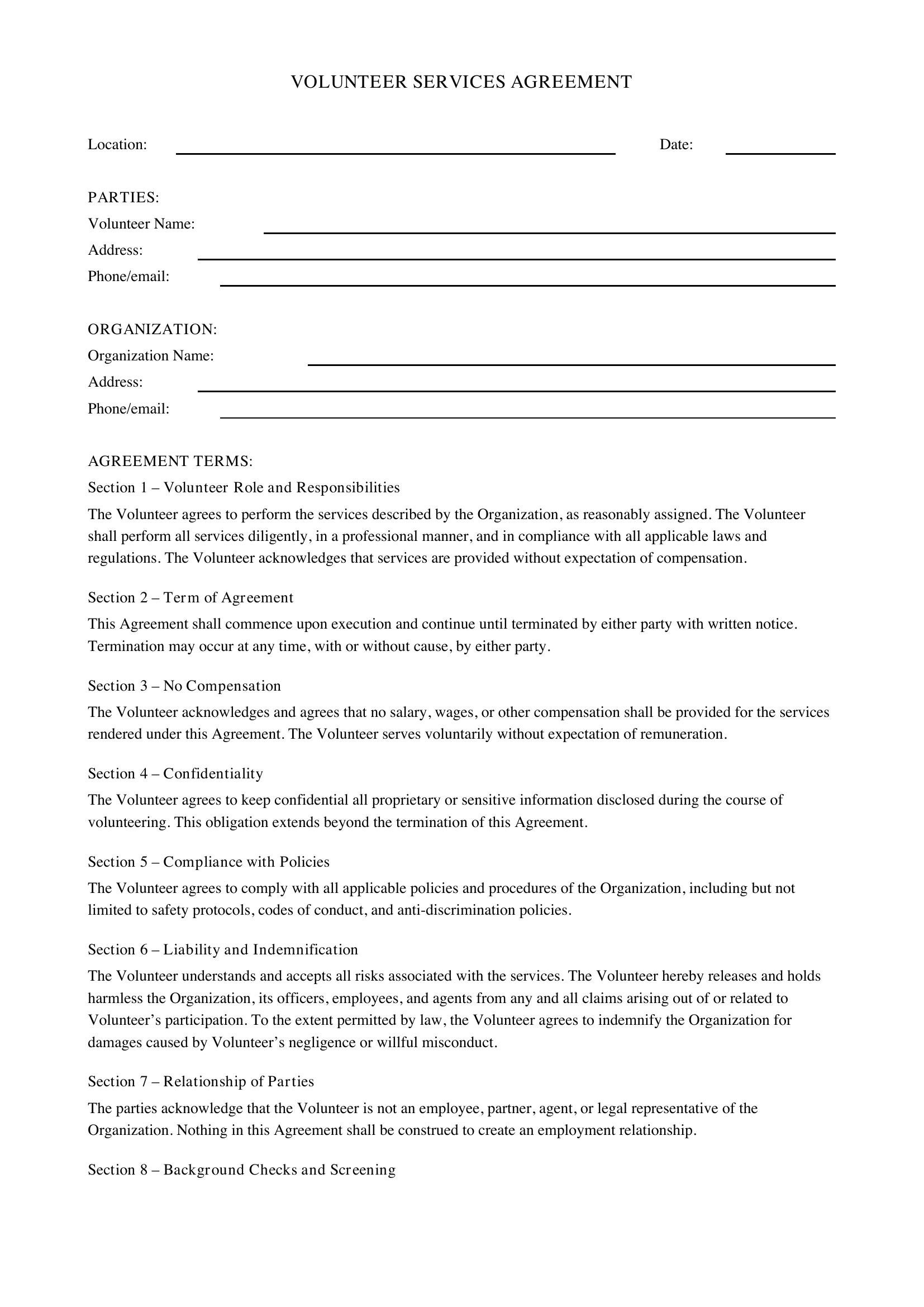 Volunteer Contract Template - US