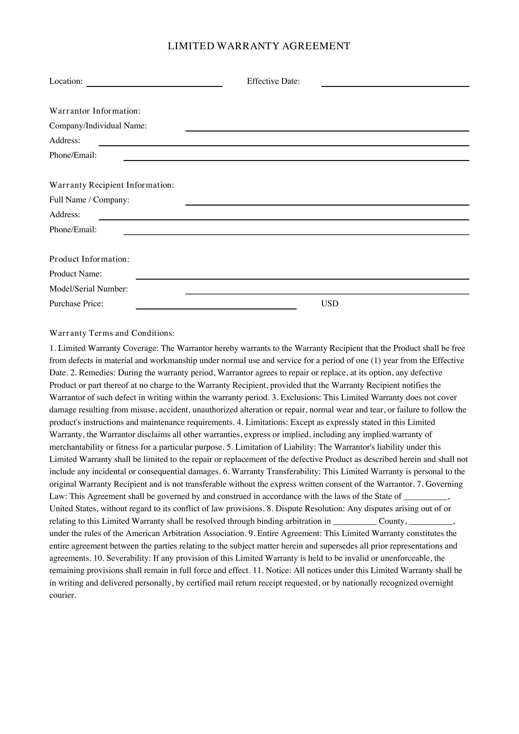 Warranty Contract Template - US