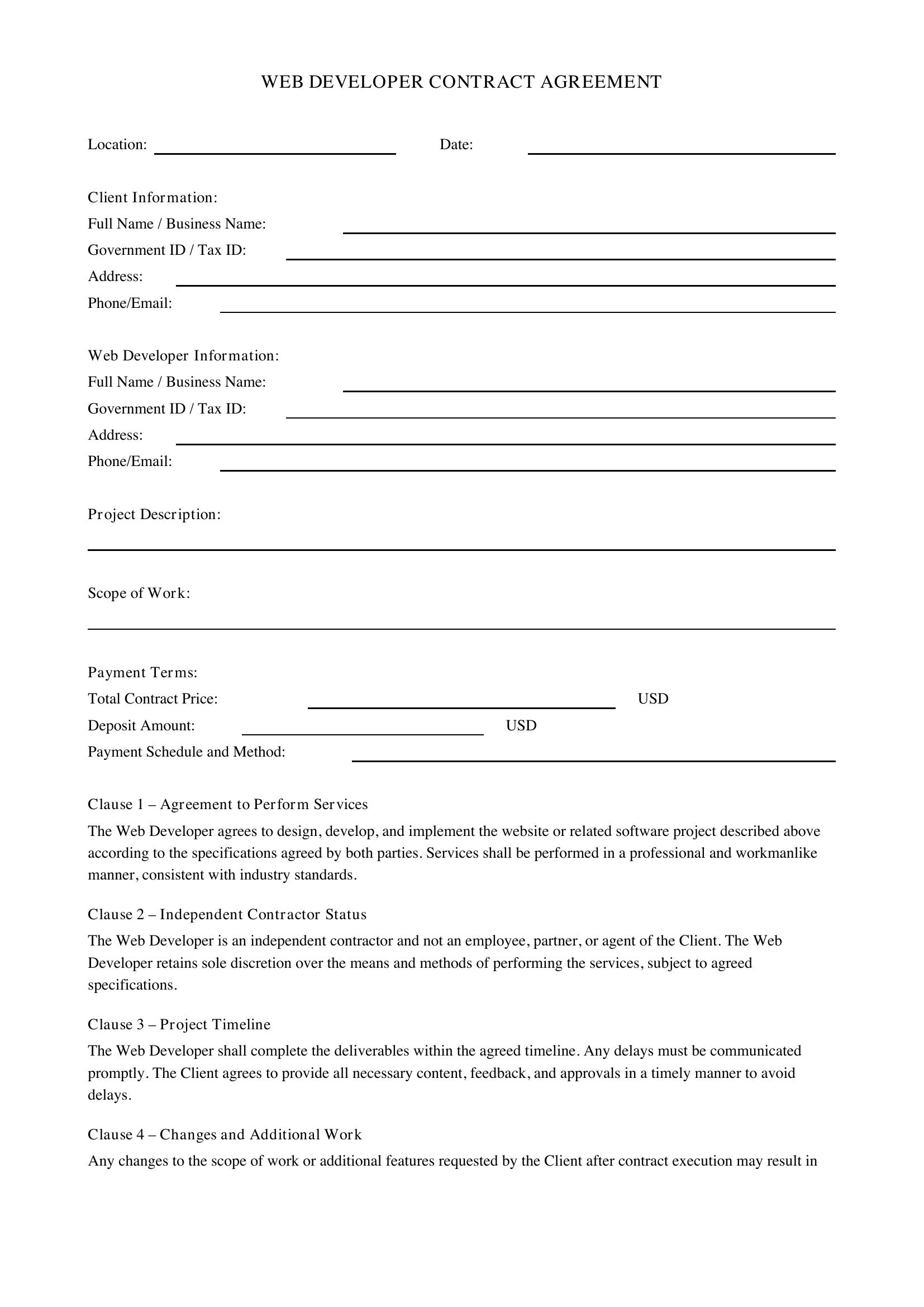 Web Developer Contract Template - US