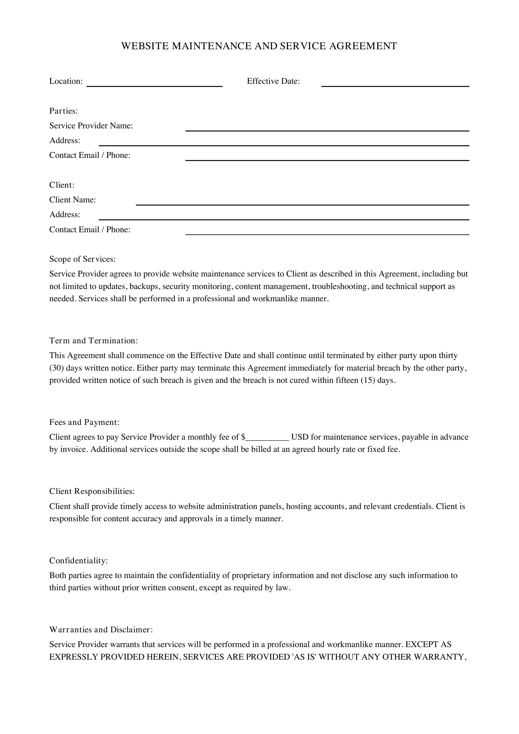 Website Maintenance Contract Template - US