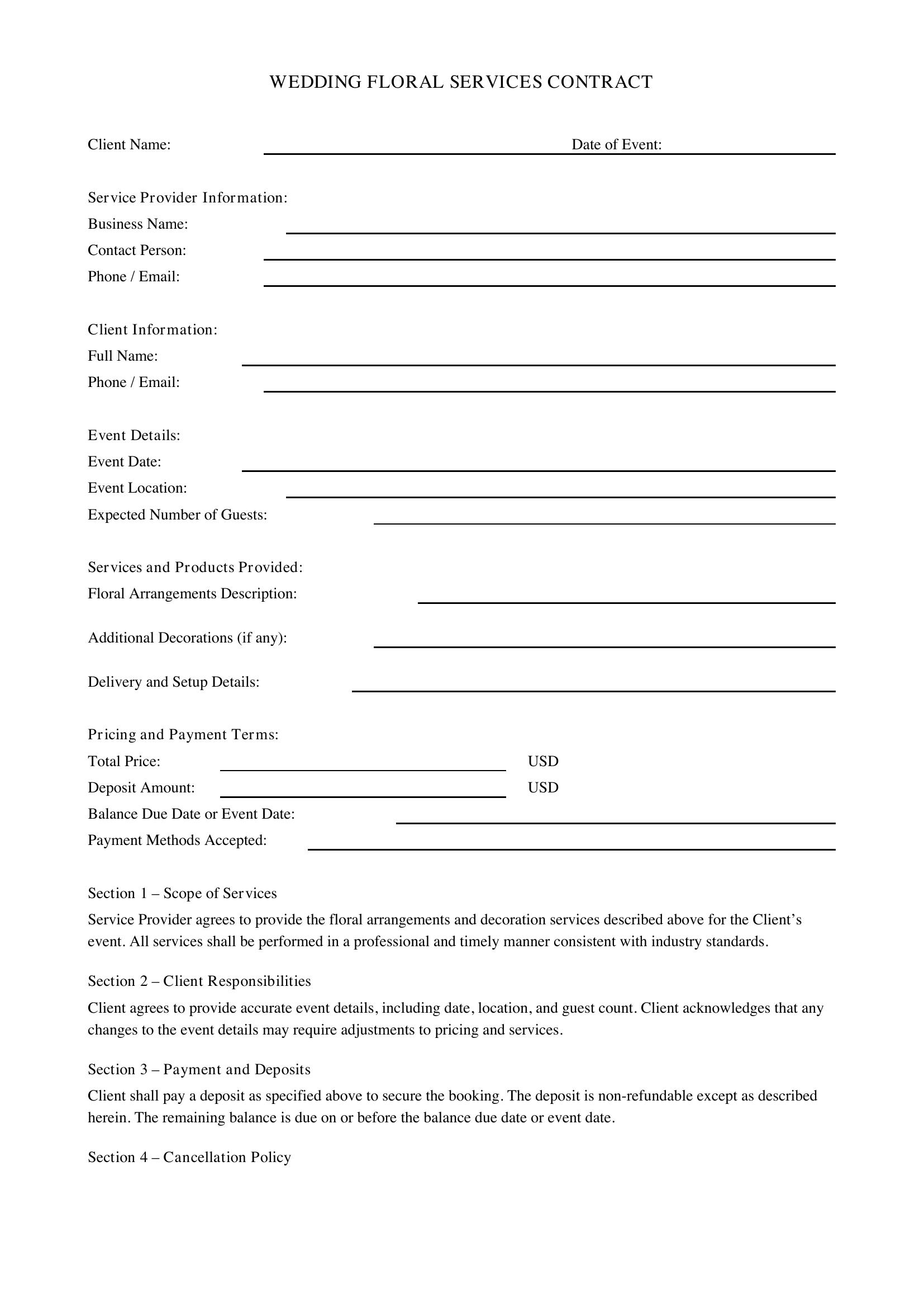 Wedding Floral Contract Template - US