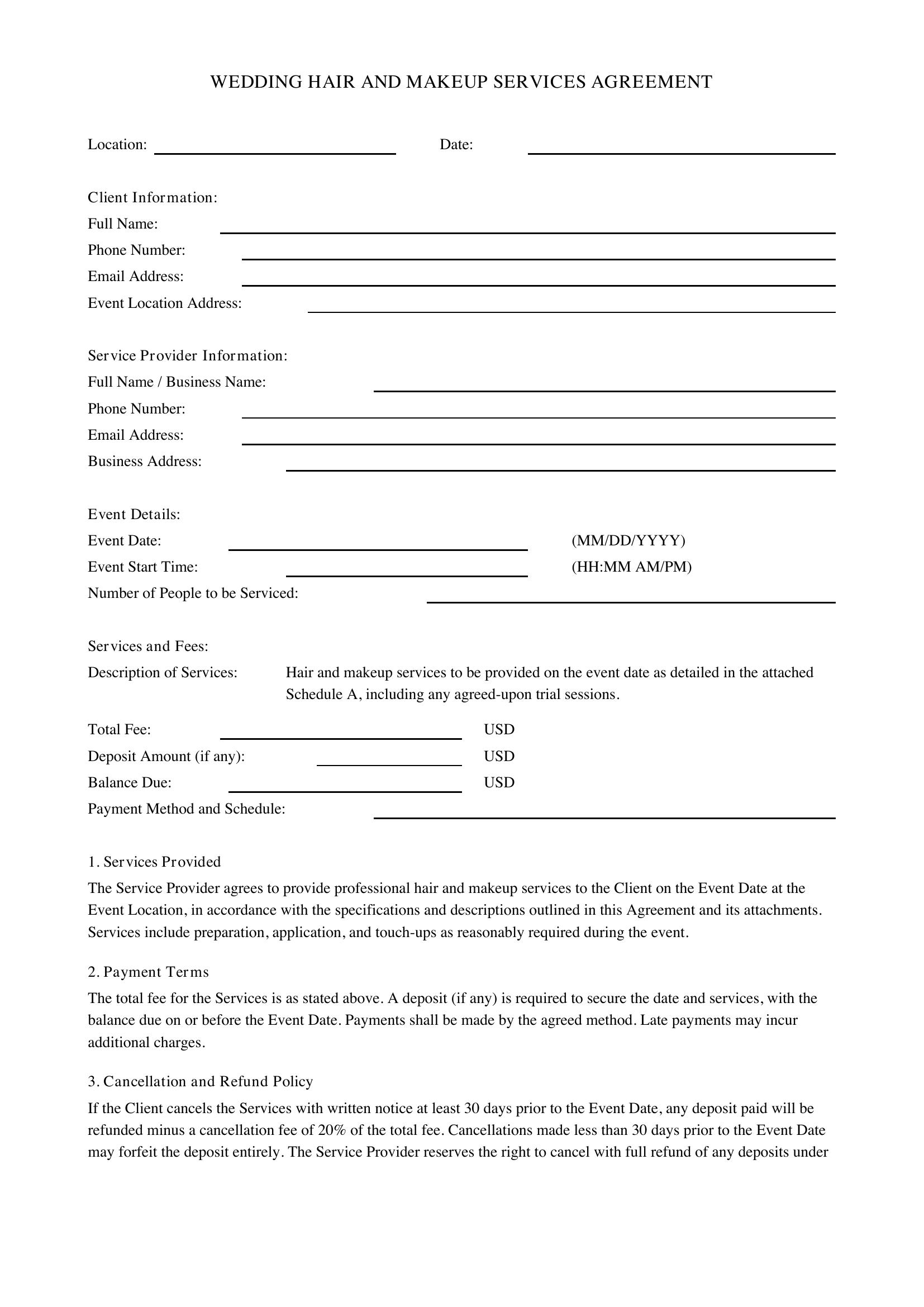 Wedding Hair And Makeup Contract Template - US