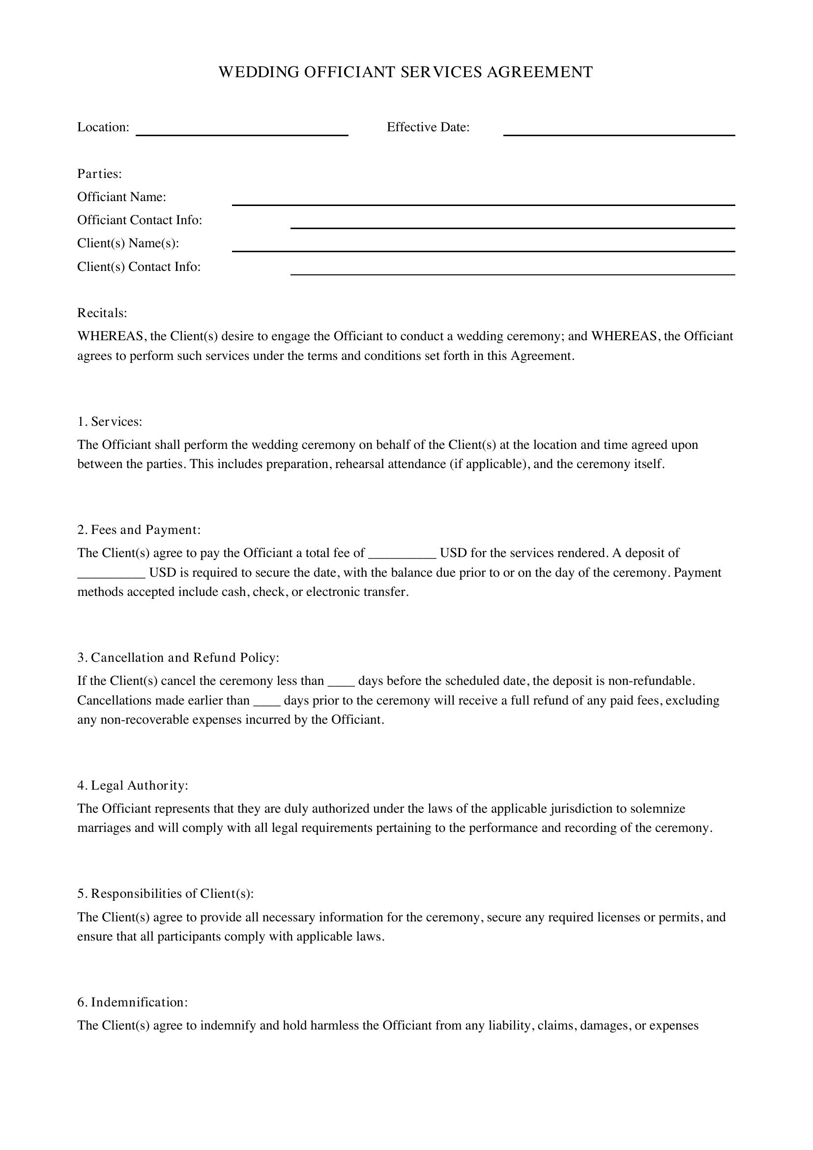 Wedding Officiant Contract Template - US