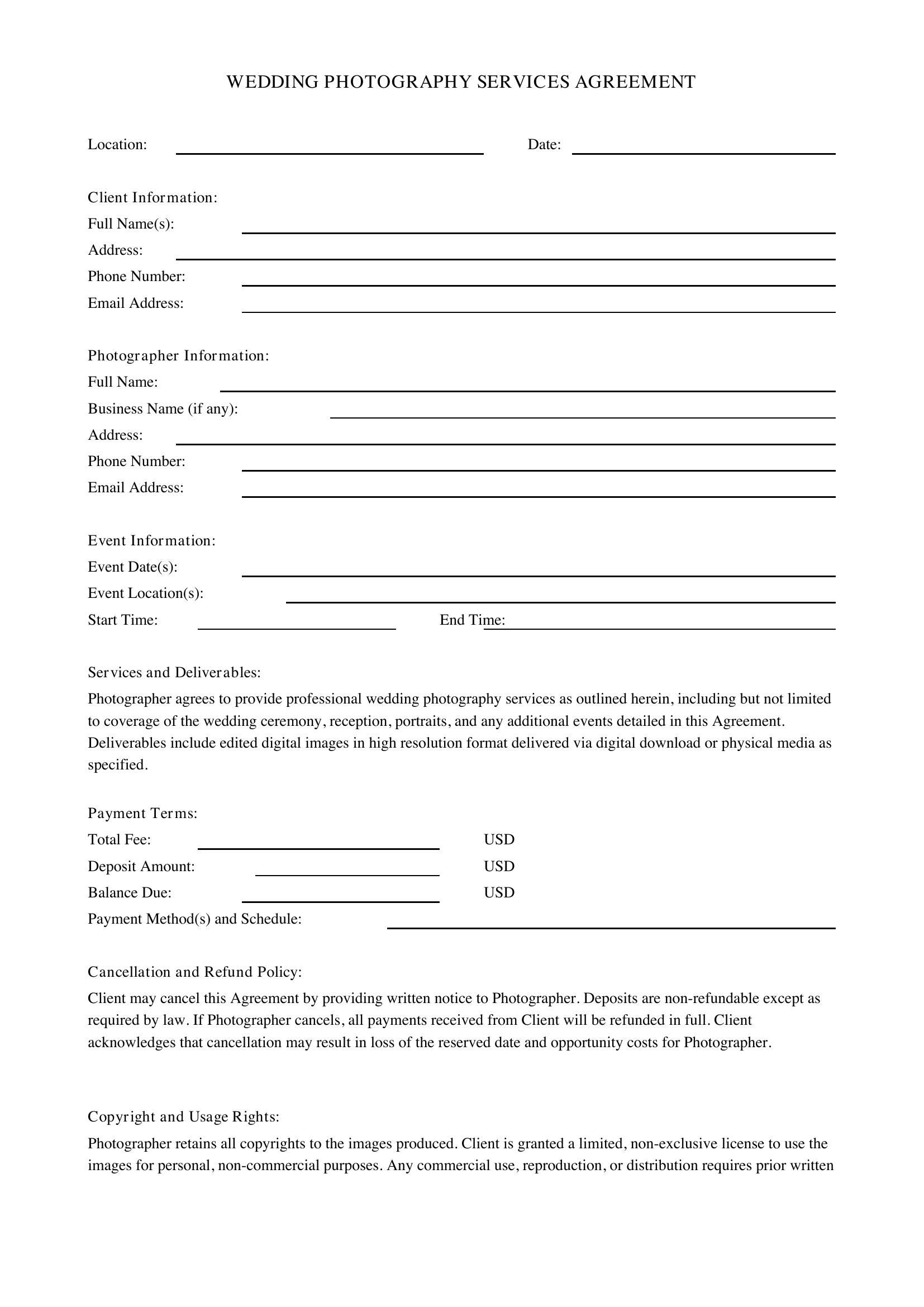 Wedding Photography Contract Template - US