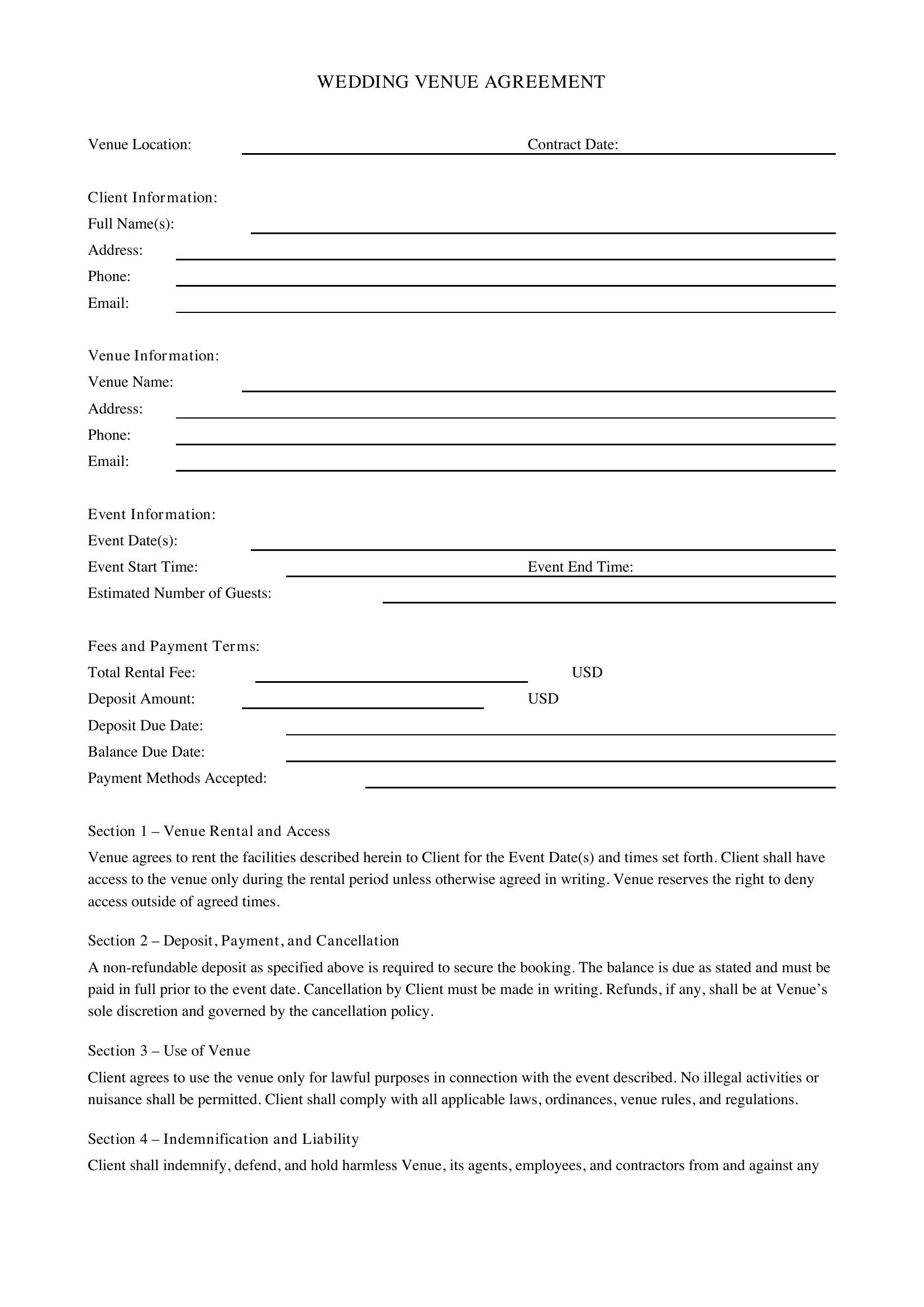 Wedding Venue Contract Template - US