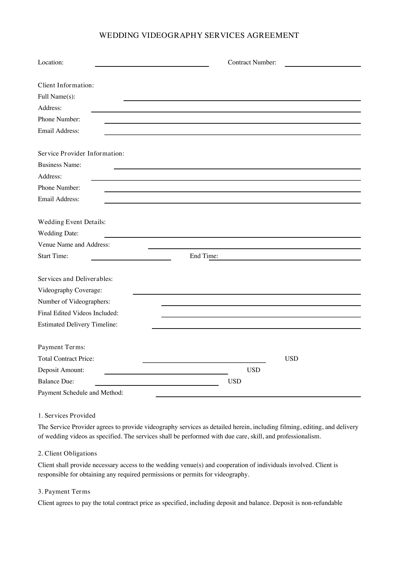 Wedding Videography Contract Template - US