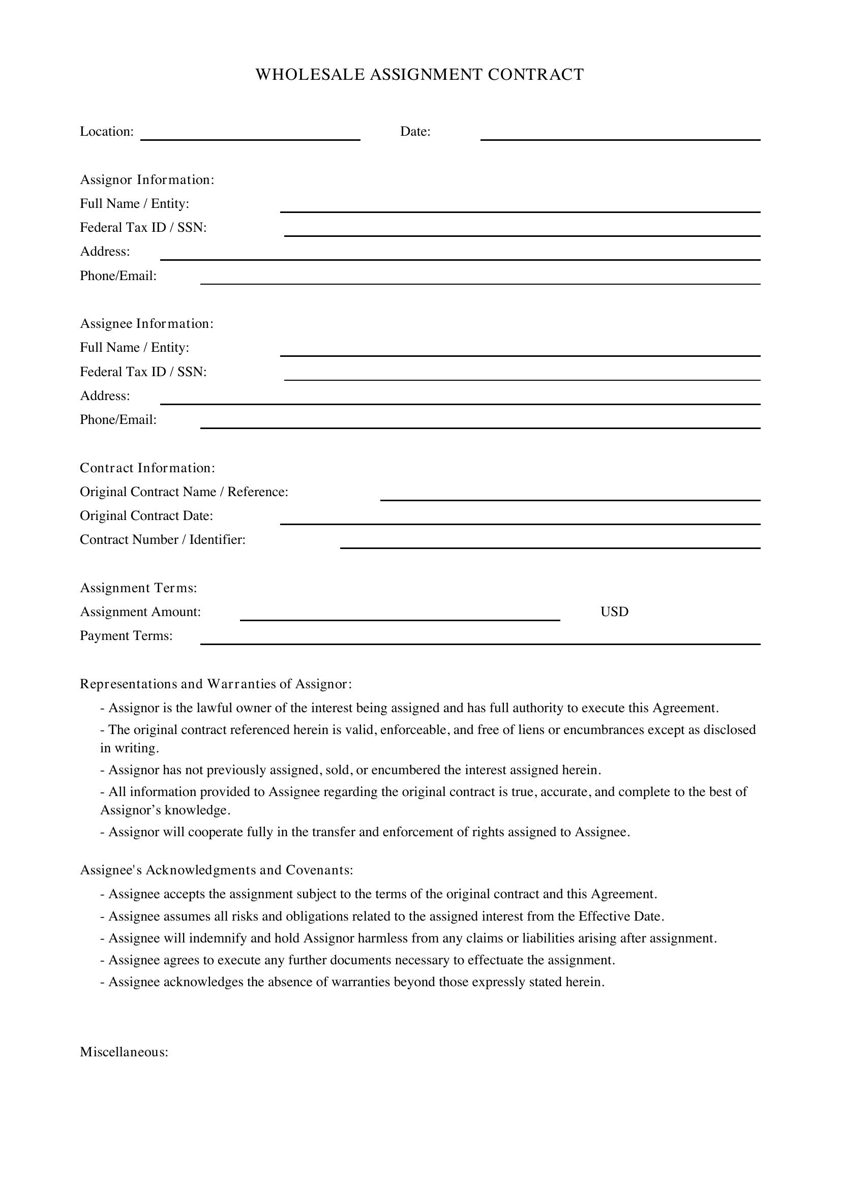 Wholesale Assignment Contract Template - US