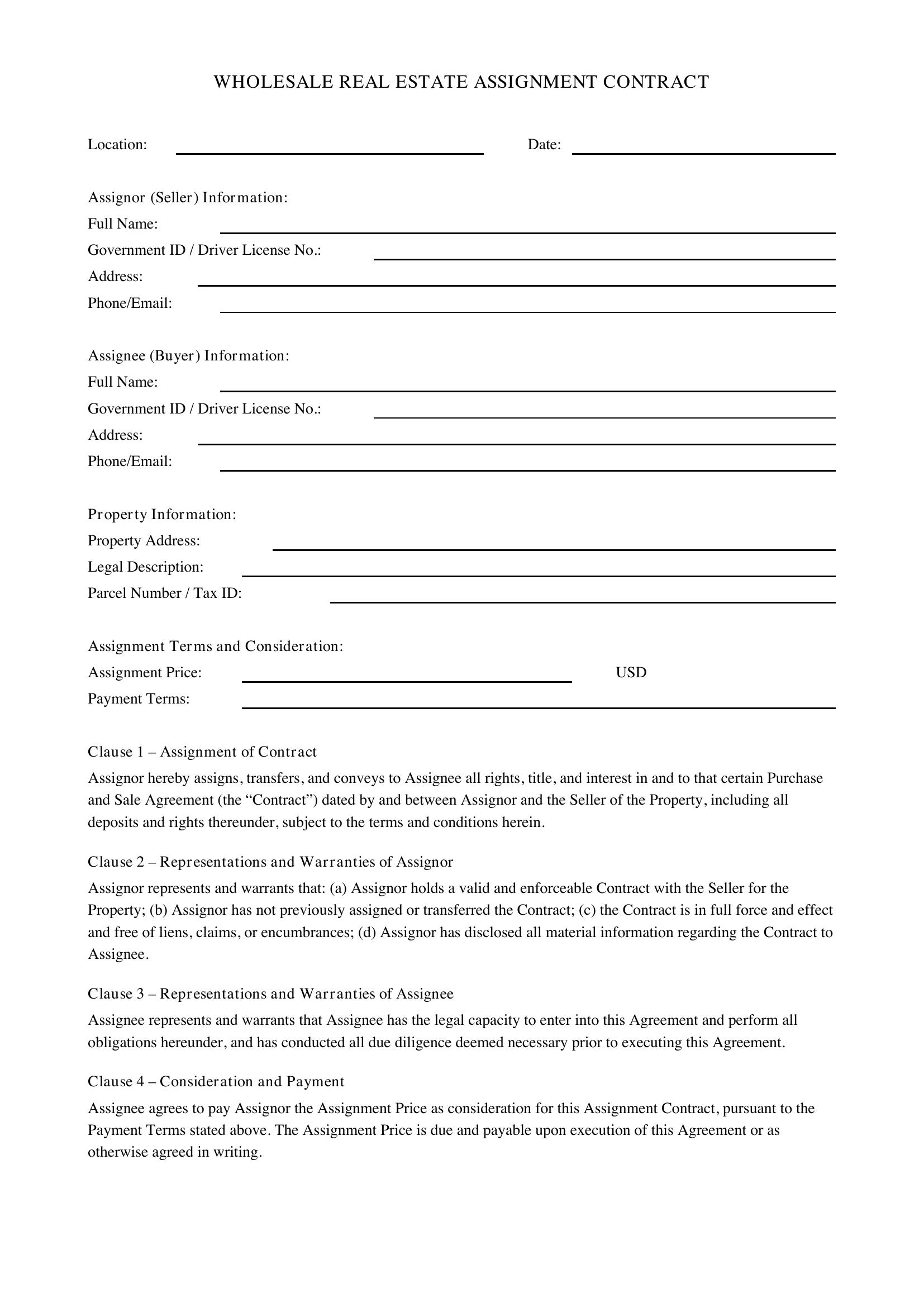 Wholesale Real Estate Assignment Contract Template - US