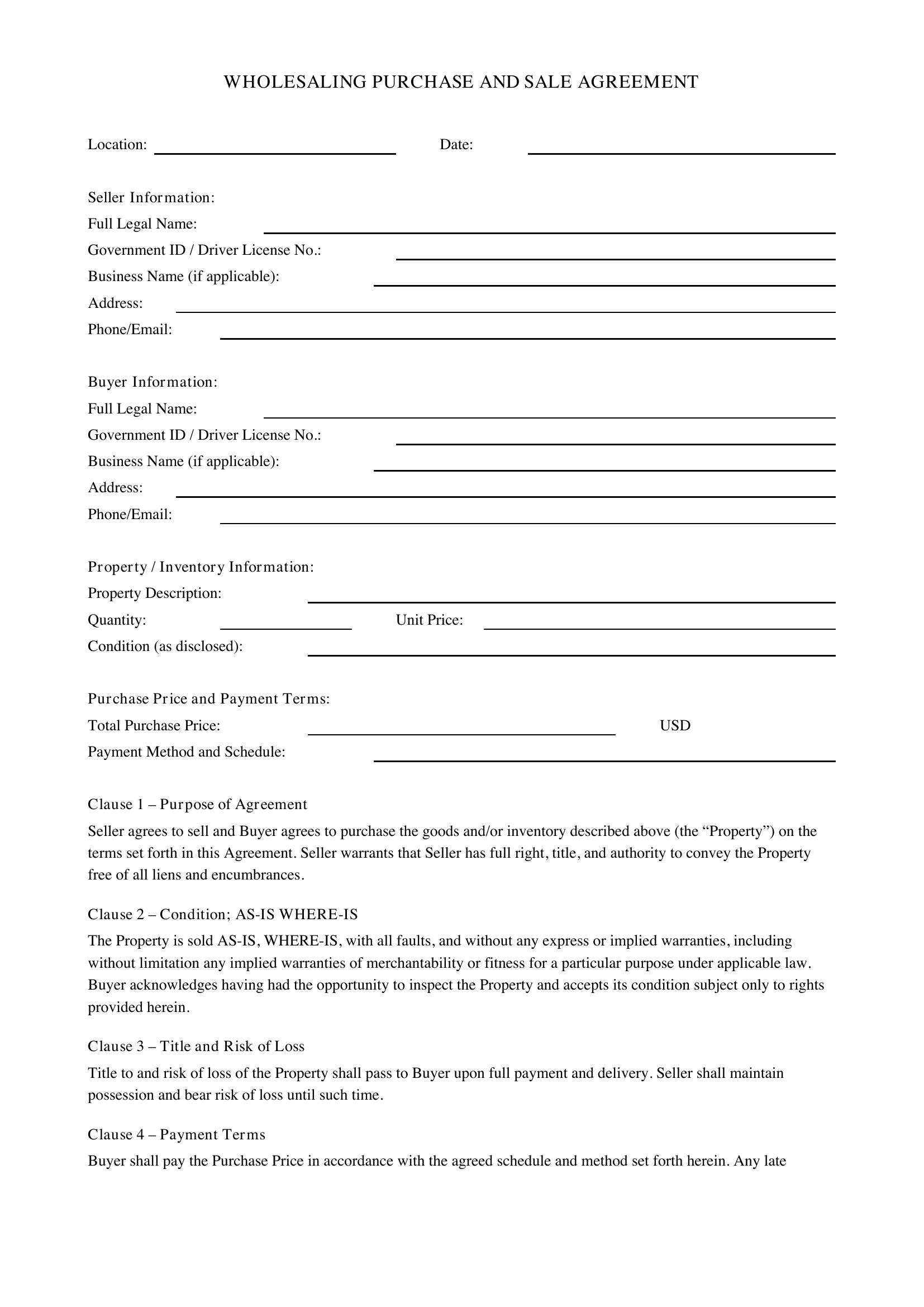 Wholesaling Contract Template - US