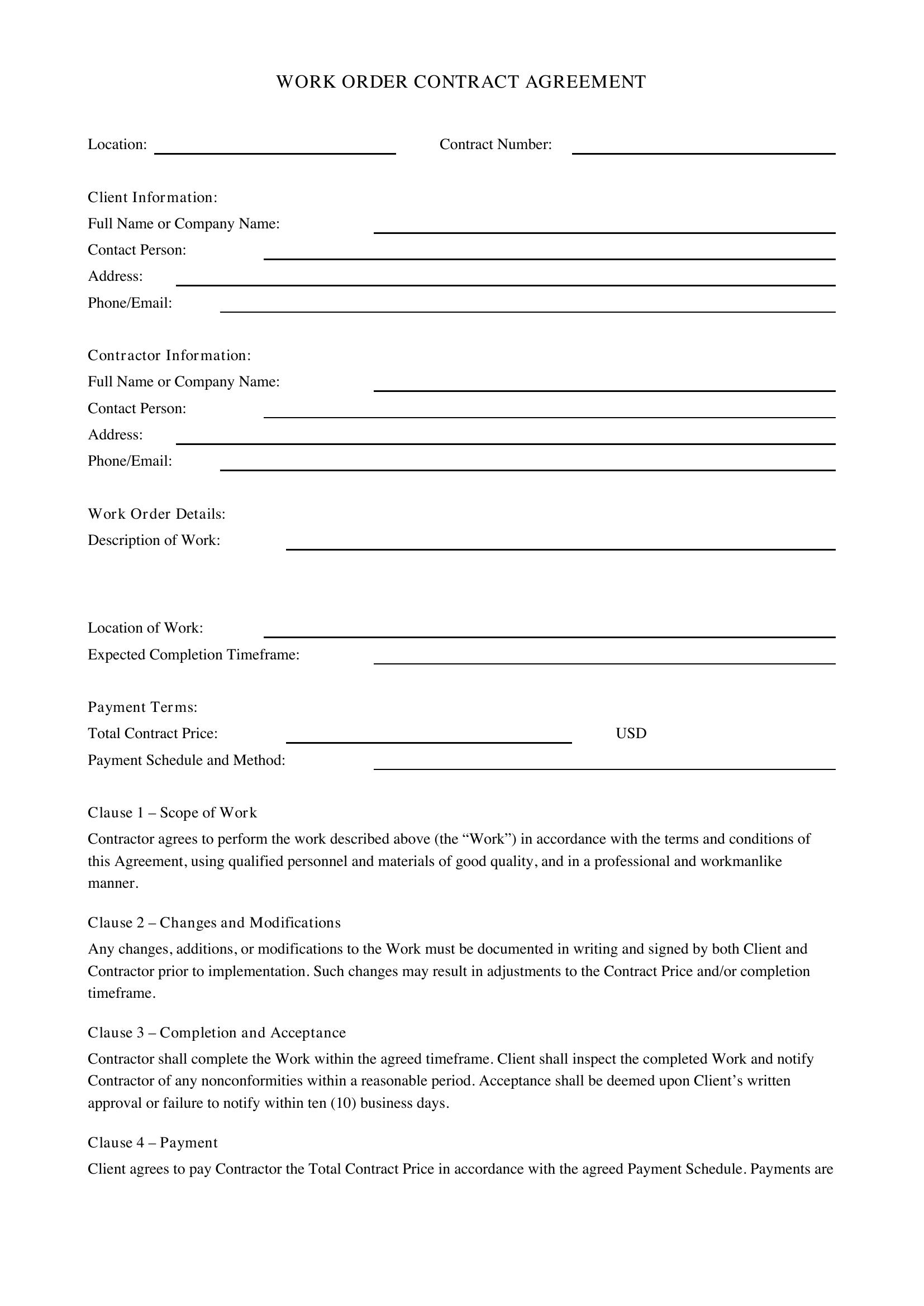 Work Order Contract Template - US
