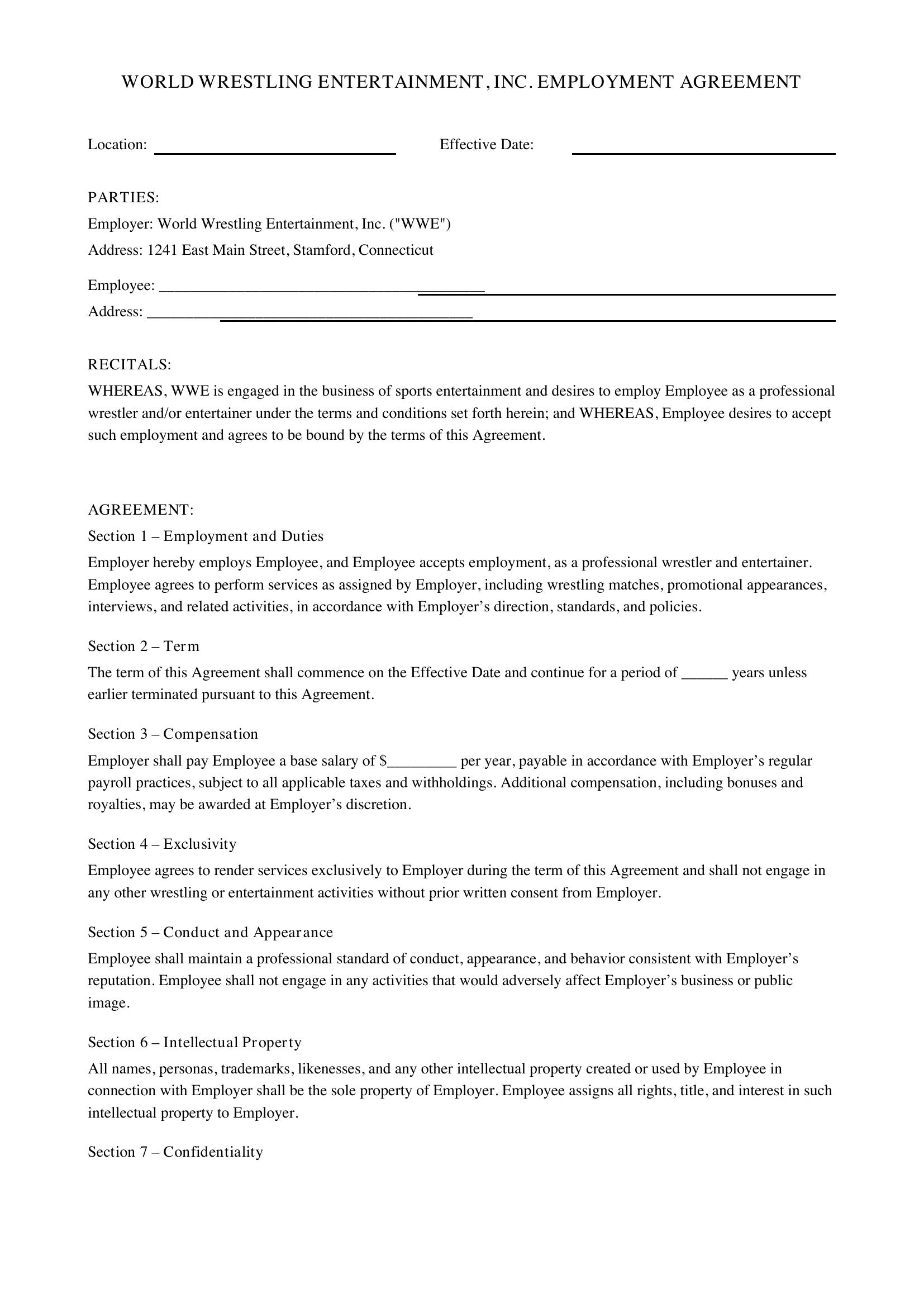 Wwe Contract Template - US
